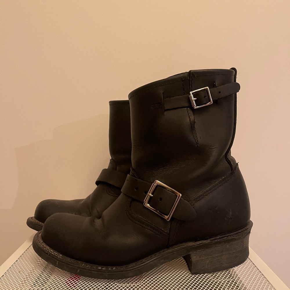 Frye Black Leather Engineer Ankle Boots